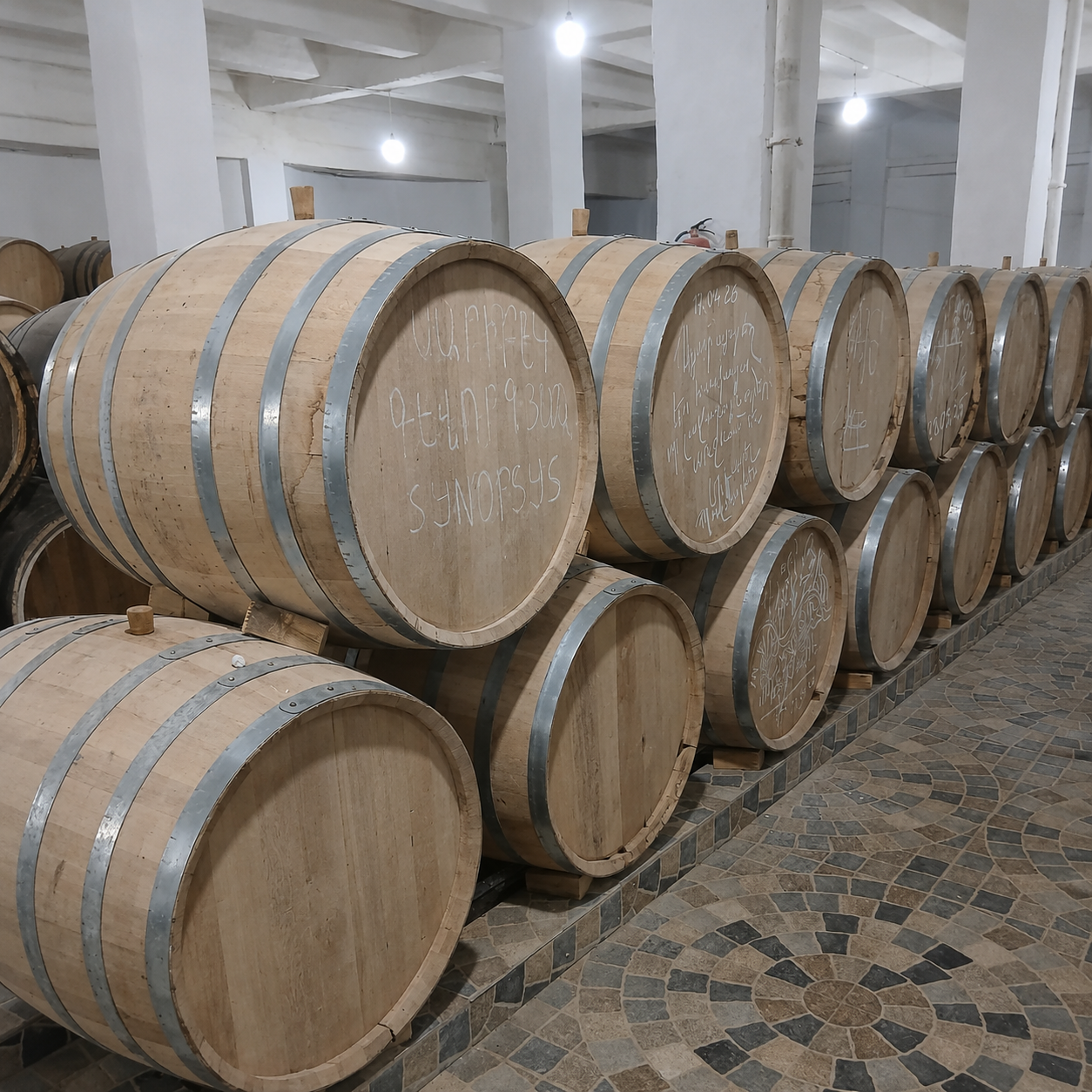 Պահեստում դասավորված տակառներ